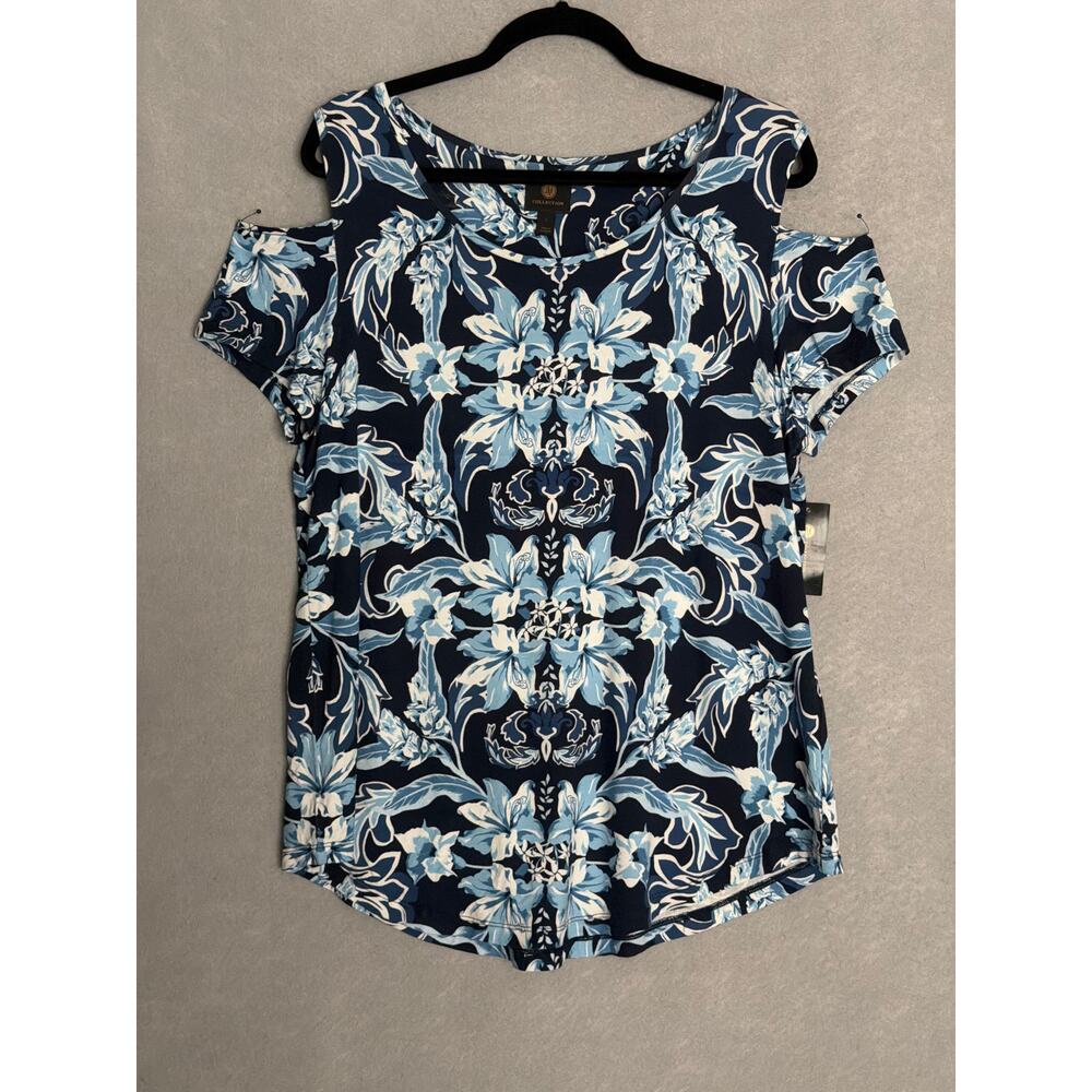 JM Collection Short-Sleeve Cold Shoulder Top Intrepid Blue Women's Large NEW